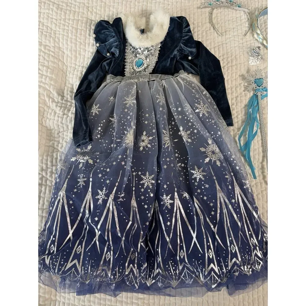 Fuyimei Girls 110 4-5T Ice Snow Princess Costume Dress Tiara Wand Braid Set
